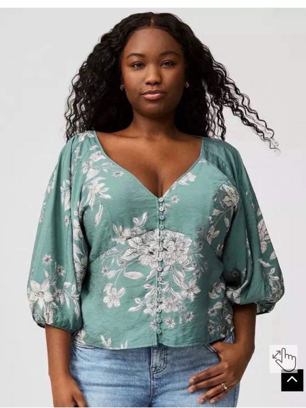 torrid Sage Green Floral Button-Front Deep V Neck Puff 3/4 Sleeve Top XXL